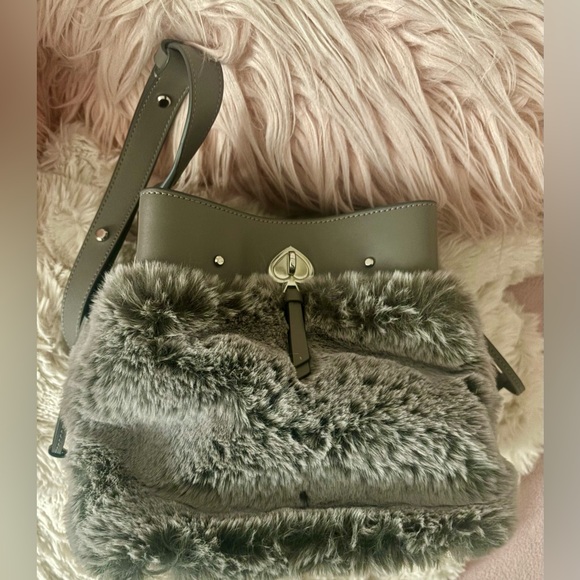 NEW Kate Spade Marti Gray Faux Fur Leather Small Bucket Satchel Handbag - Picture 13 of 16